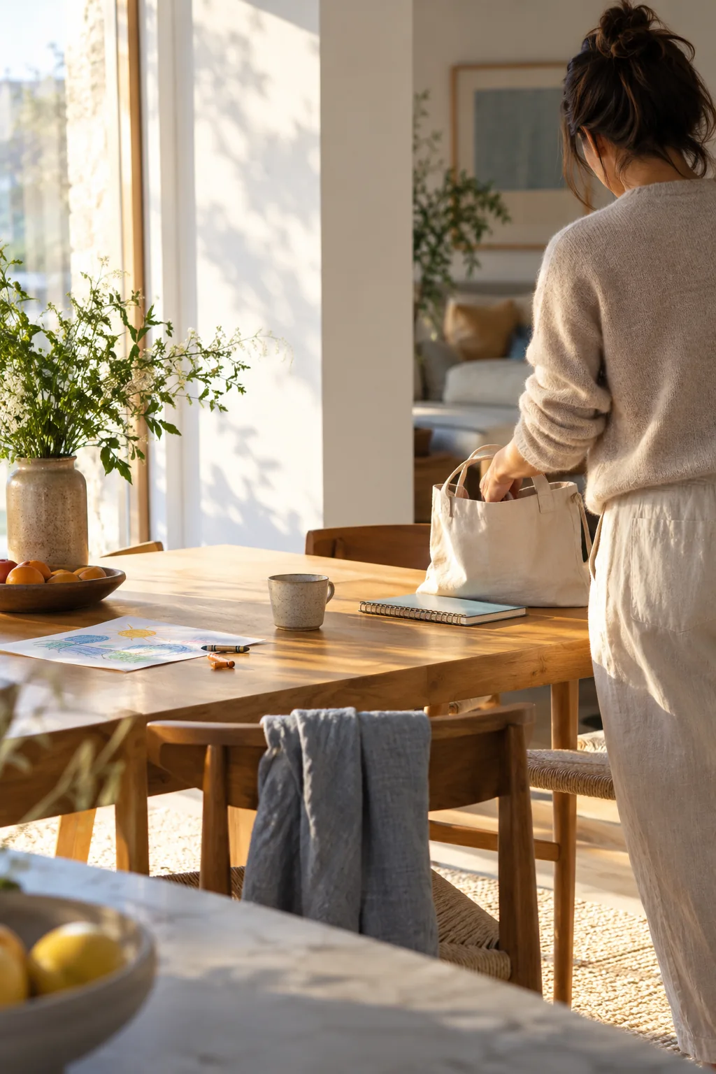 A sunlit family table with drawings and everyday things to carry