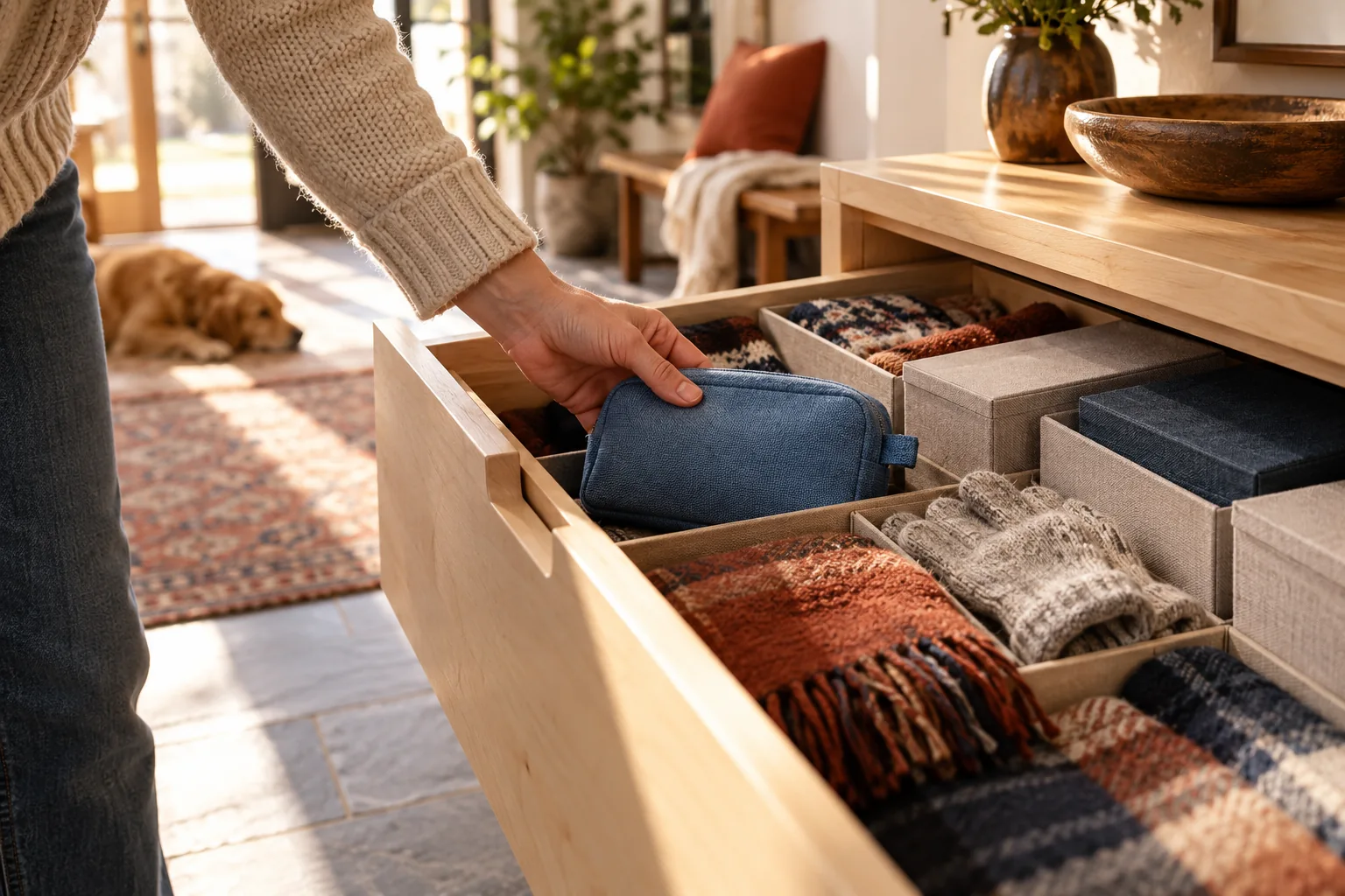 A hand finding a blue pouch among winter items in a household storage drawer