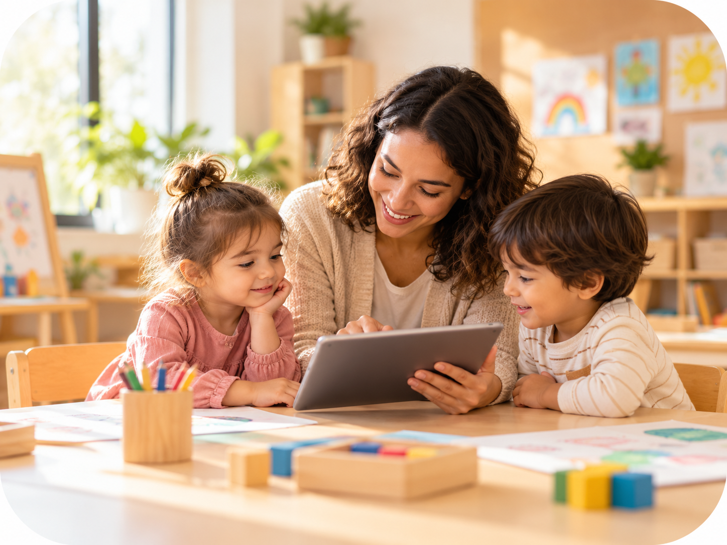 Teacher and young children together in a bright preschool classroom